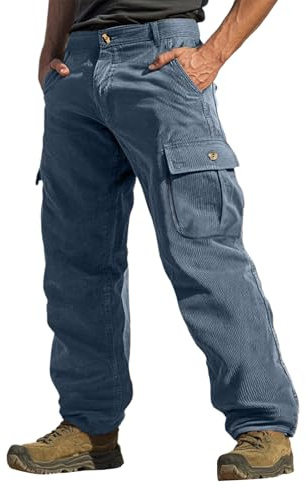 SOOUICKER Cargohose Herren Cord Vintage Cordhose Baggy Outdoor Arbeitshosen Männer Cargo Stretch Wanderhose mit Seitentaschen Weit Trekkinghose Lang Viele Taschen