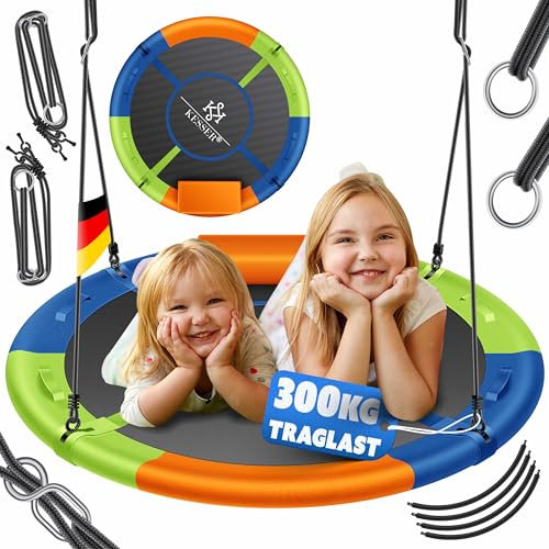 KESSER® Nestschaukel Tellerschaukel Hängeschaukel Rundschaukel Ø 100cm Schaukel bis 300kg belastbar mit Kissen & 4 Griffen verstellbar Kinderschaukel Indoor & Outdoor für Kinder & Erwachsene Bunt