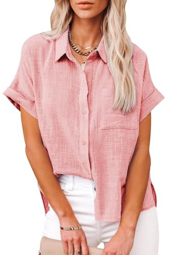 Friptspyg Chemise Femme Chemise Décontractée à Manches Courtes Chemise D'été 100% Coton Chemisier Solide Chemises Élégantes Hauts avec Poche, Rose L