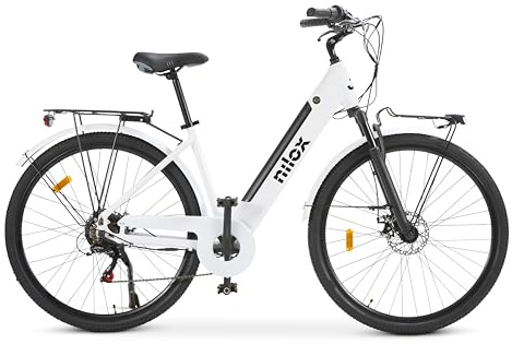 Nilox J7 E-Bike, Elektrofahrrad für die Stadt, bis zu 80 km Reichweite, max. 25 km/h, 36 V 250 W Motor, herausnehmbarer 36 V – 13 Ah Akku, 28 x 1,75 Reifen, Shimano 6-Gang-Schaltung, Weiß
