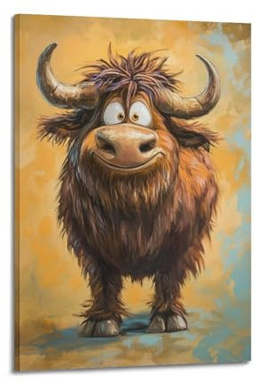 hjkhjt Tier-Poster, Cartoon-Yak mit großem Lächeln, Wandkunst, Leinwand, ästhetischer Einband, Gemälde für Wohnzimmer, Schlafzimmer, 20 x 30 cm, Rahmenstil
