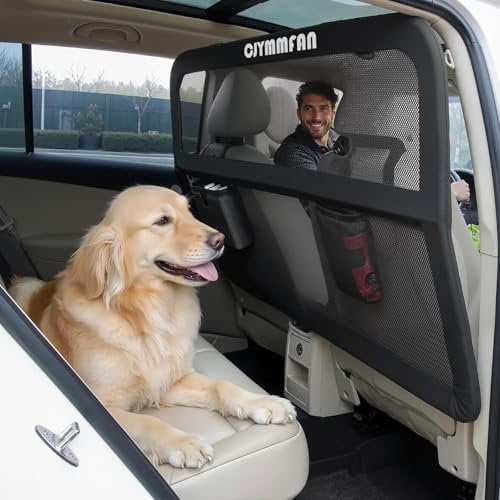 Dog Guard for Car Boot & Back Seat with Wider Coverage, Universal Fit Dog Barrier for Car, SUV & Truck, Dog Car Divider with Chew-Proof Transparent Net and Sturdy Metal Frame for Backseat & Trunk