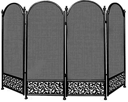 CCKUYT Fireplace Screen 4 Panel Wrought Iron Large Screen Fireplace Screen Outdoor Indoor for Spark Protection and Christmas Tree Fence with Elegant Arch Design and Pattern, XX, Black