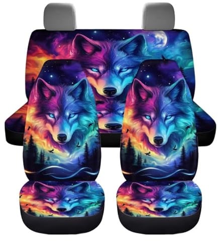 Wnbucioht Tier Wolf Auto Sitzbezüge Set 4 Stück Auto Innensitz Zubehör für Männer Frauen Lustige Wolf Druck Automobil Sitzbedeckungen Eimer Sitz Kissen Pads, passen die meisten Fahrzeuge, Autos
