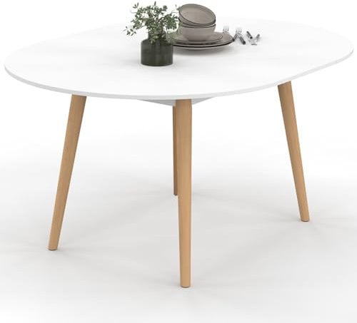IDMarket - Esstisch, ausziehbar, rund, Angela, 4-8 Personen, weiß, Holzfuß, 110 – 150 cm