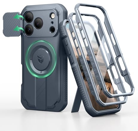 Dexnor pour Magnétique Coque iPhone 17 Pro avec Cache Caméra Coulissant & Kickstand Pliable & Protecteur d'Écran Intégré, Coques Protection Pare-Chocs Robustes Couverture - Bleu Marine