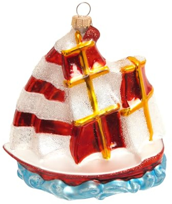 Krebs Glas Lauscha - Weihnachtsdekoration/Christbaumschmuck aus Glas - Segelschiff - Farbe: Rot/Weiß - Größe: ca. 12 cm