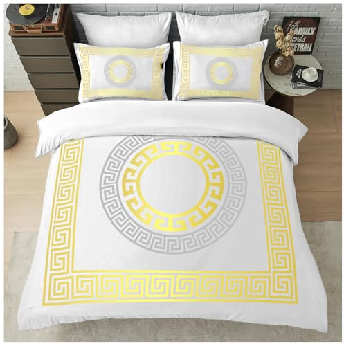 GC GAVENO CAVAILIA Greek Double Duvet Set - Easy Care Microfiber Quilt Cover with Pillowcases - Lightweight & Durable Duvet Comforter - Geometric Style Bedding Set, White
