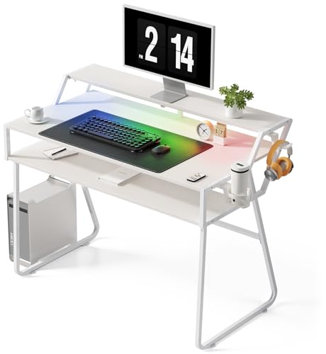 Warmiehomy Gaming Desk with LED Lights, RGB Gaming Table 110 x 60cm Computer Desk with Headphone Hook and Cup Holder, Pc Table for Home Office, White
