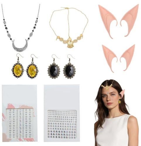 WUERKIYA Elfenohren Set - 2 Paare Silikon Elfenohren, 1 Kristallhaarschmuck, 1 Goldenes Stirn Accessoire, 2 Ohrringe und 2 Diamant Gesichtsaufkleber – Perfekt für Cosplay, Fantasy und Halloween