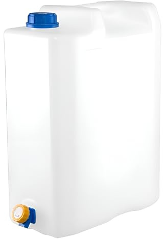 Jerry Can with Tap - Food Grade Water Canister for Drinking Water Storage - Durable Plastic Camping Water Carrier with Robust Knob Tap - Ideal for Travel, Caravan, Camper, Hiking and Outdoor Use