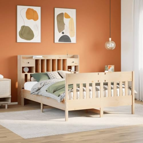 Tonture Massivholzbett Kiefernholz 140x200 cm, Robustes Bettgestell mit Lattenrost, 6 Fächern, 2 Schubladen, unbehandelt, für Schlafzimmer