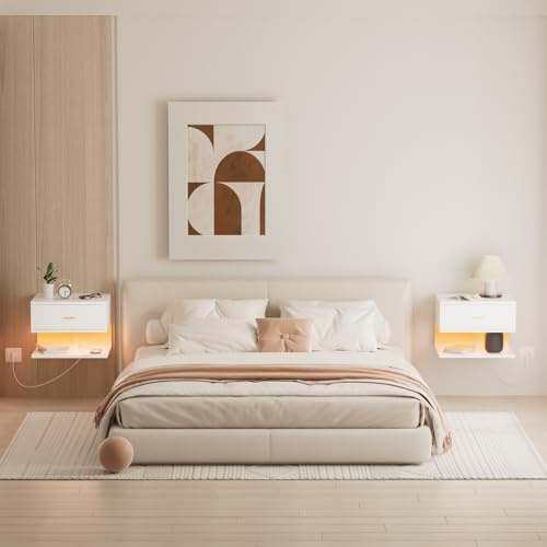 Table de Chevet Suspendue avec LED RGB et 1 Prise Secteur/2 Ports USB,Table de Nuit Suspendue avec 1 Tiroir et 2 étagères Ouvertes,40 x 30 x 30 cm,Convient aux Chambres et aux Salons(2Blanc)
