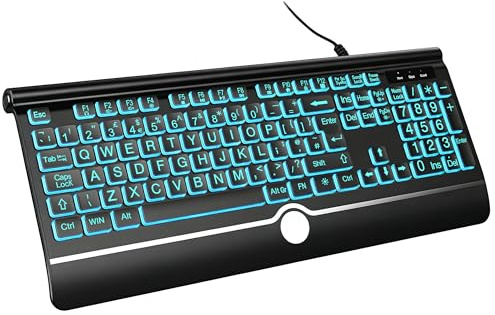 DHKBL Large Print Backlit Computer Keyboard - 7 Interchangeable Backlight Colors, USB Wired UK Full Size Keyboard with Num Pad, £ Key & Adjustable Feet for Business, Office, Home & Windows PC (QWERTY)