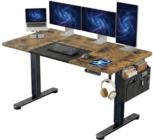 Blisswood Electric Standing Desk, Adjustable Height 160 × 70cm Sit Stand Desk with Memory Smart Panel, Large PC Study Metal Frame Table with Backpack Hook & Storage Pocket Home Office Furniture_Rustic