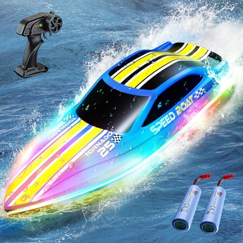 Bateau Télécommandé 2.4GHz RC Boat 7 LED, Vitesse Max 15km/h | double batterie 240min, anti-retournement, portée 80m, Pour piscine et lacs (pas eau salée), Cadeau pour enfants