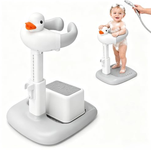 Supporto Doccia Bambini in Piedi con Piccolo Sgabello, Regolabile 45 a 63 cm, Supporto per la Doccia del Bambino con Base Antiscivolo, Seggiolino Doccia Bimbo dai 6 ai 36 Mesi (Anatra)