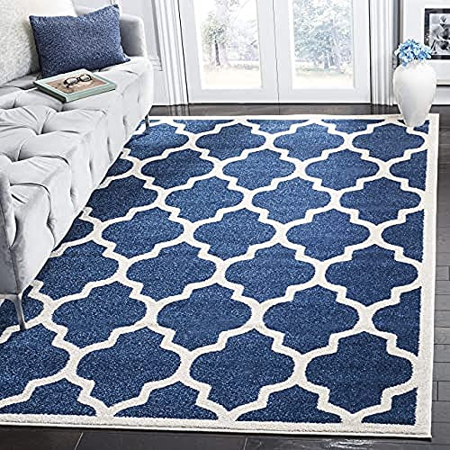 SAFAVIEH Area Rug 8x10 - Amherst Collection - Large - Navy & Beige, Moroccan Trellis Pattern, Non-Shedding & Easy Cleaning, Ideal for Living Room, Bedroom, Office, Dining Space (AMT420P)