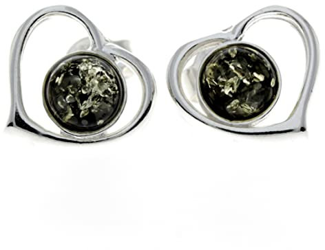 SilverAmber Jewellery UK - 925 Sterling Silber mit baltischem Grüner Bernstein - Herz Ohrstecker - 5948G