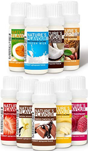 ALPHAPOWER FOOD Arôme alimentaire naturel, SET SUPER ÉCONOMIQUE 9x10ml liquide - gouttes aromatisantes et édulcorant sans sucre, goût délicieux, vegan liquid sweetener Flavour Drops, Flavdrops