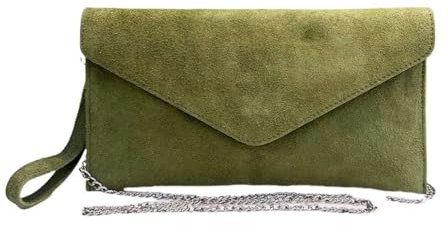 LeahWard Wrist Strap Genuine Italian Suede Leather Envelope Clutch Bags Party Wedding Purse Handbag Cross Body Bag CW01 (Olive)