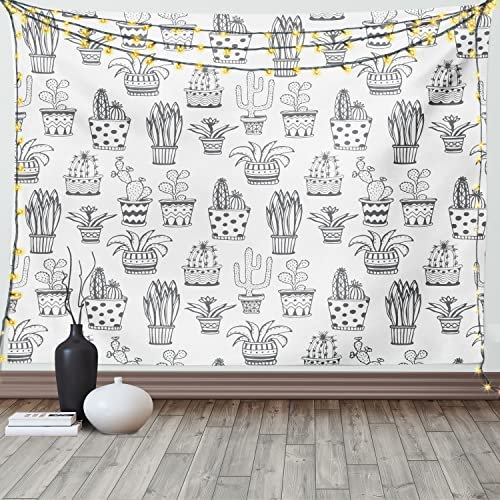 ABAKUHAUS Cactus Tapestry, Doodle Flowers in Pots with Polka Dots and Zig Zags Tropical Plants Monochrome, Wall Hanging for Bedroom Living Room Dorm, 60 W X 40 L, Grey and White