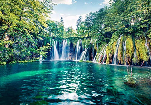 wandmotiv24 Fototapete Wasserfall mit See, XL 350 x 245 cm - 7 Teile, Wanddeko, Wandbild, Wandtapete, Wald, Bäume, Wasser M5773