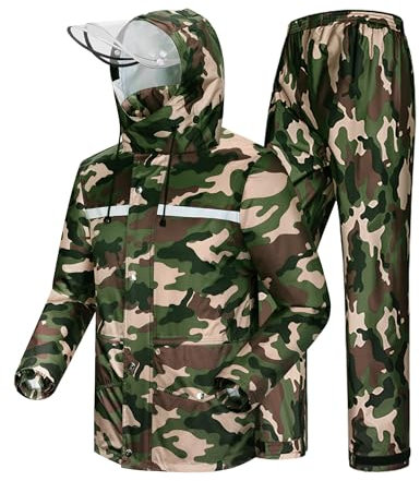 Coutyuyi Herren & Damen Regenanzug Reflektierender 100% Wasserdichter Anzug Outdoor Regenmantel Winddicht Regenjacke (M, Dunkelgrün Camouflage)