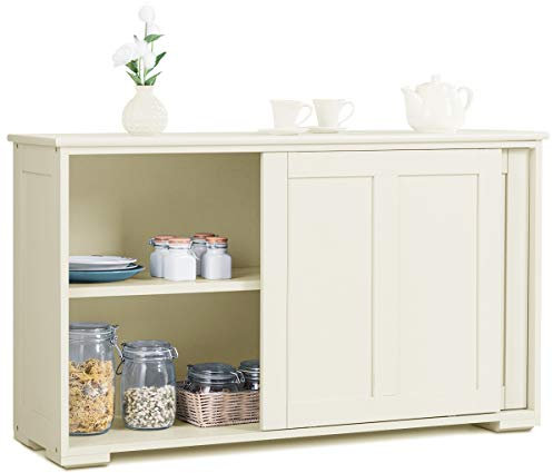 GOPLUS Mueble bajo con 2 estantes, estante de altura ajustable, vajilla de cocina con puerta corredera, mueble de almacenamiento de MDF (106,5 x 33 x 60 cm), color beige