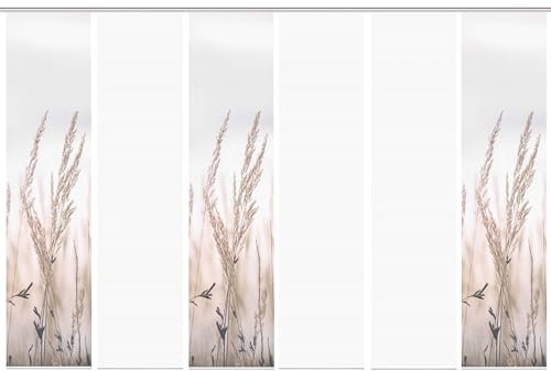 HOME WOHNIDEEN 96372 | 6er-Set Schiebegardine 'RELVA', Digitaldruck auf Bambus-Optik, mit abstraktem Gräser-Motiv, 260x60cm, Farbe: Natur