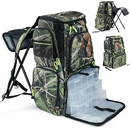 PLAY-KING Angelrucksack Tackle Box Tasche mit Rutenhalter Boxen Faltbarer Angelstuhl, perfekt für Outdoor, verwendet von Männern