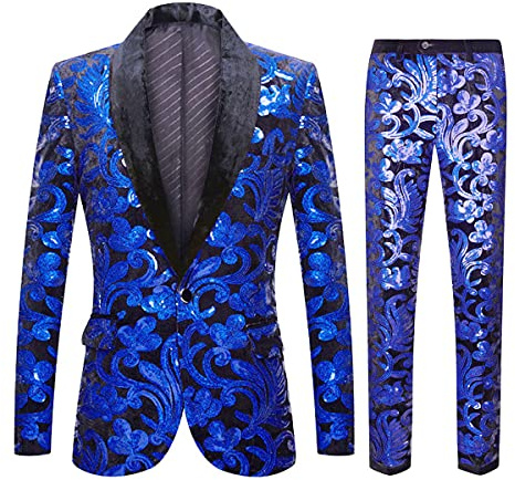 CARFFIV Gli Uomini alla Moda Floreale Paillettes Modello Due Pezzi Set Vestiti (S, Royal Blue)