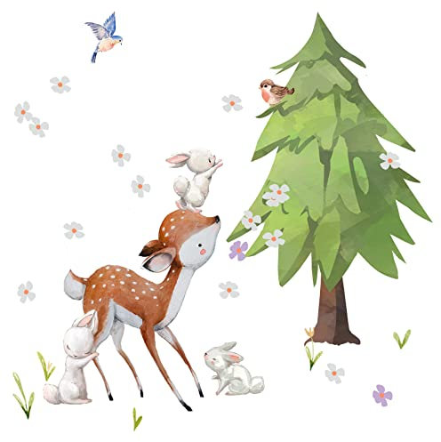 Little Deco Wandtattoo Wandsticker Kinderzimmer REH Hasen I Wandbild 45 x 30 cm (BxH) I Tanne Blumen Wandaufkleber Spielzimmer Baby Deko Kinder Vögel DL160-Z5