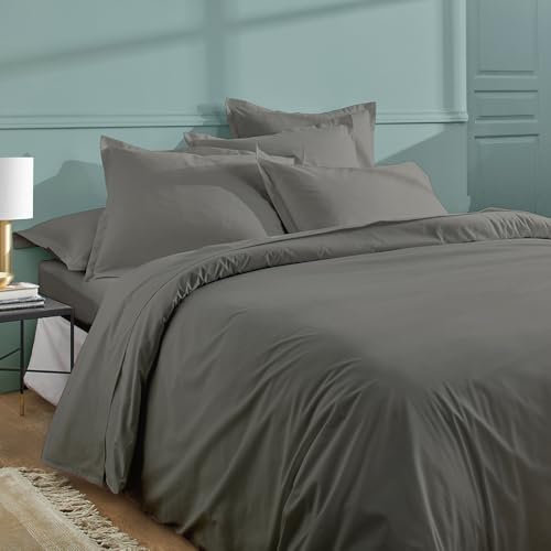 Duquennoy & Lepers 1867 Linge de lit- Parure de Lit 200x200 cm – Housse de Couette 200x200 cm avec Rabat et 2 Taies d’Oreiller 63x63 cm en Percale de Coton 80 Fils de Qualité – Uni Gris