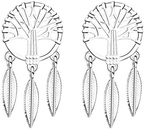 Ditz Damen Ohrstecker 925 Silber mit Lebensbaum Traumfänger Federn Anhänger Boho Vintage Ohrringe Dreamcatcher Hängend