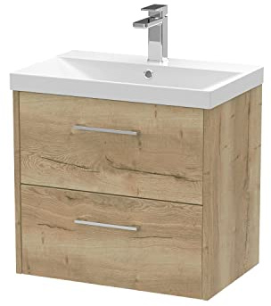 Hudson Reed JNU1824D Juno Modern Bathroom Wall Hung 2-Drawer Vanity with Thin-Edge Ceramic Basin, 600mm, Woodgrain Autumn Oak