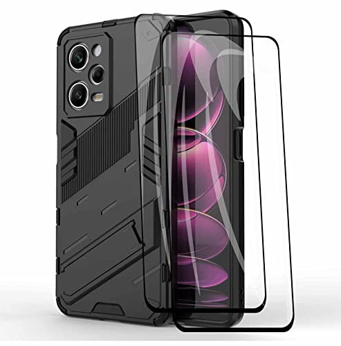 HAOYE Funda para Xiaomi Poco X5 Pro 5G y 2 Cristal Templado, Carcasa Tough Robusta Armadura Híbrida TPU/PC, Interno TPU a Prueba de Golpes + Soporte Plegable. Negro
