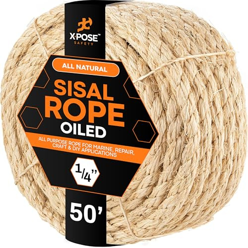 Xpose Safety 1/4 x 50ft Sisal Rope – Natural Fiber Twisted Sisal, Chemical-Free Rope for Cat Scratching Post Repair, Cat Tree, Crafts, Gardening & DIY Projects