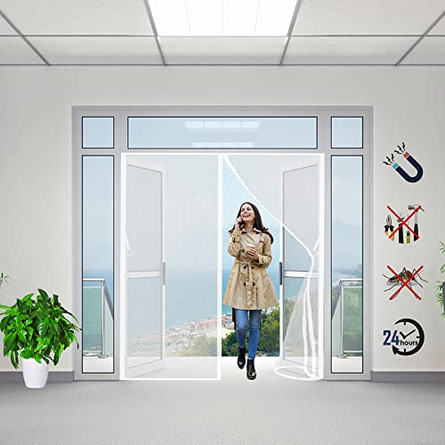Fly Screens for Doors, 170x205cm Magnetic Screen Door Powerful Magnets Seal, Durable Polyester Mesh, Full Frame Magic Tape, Heavy Duty Patio Insect Door Screen(White)