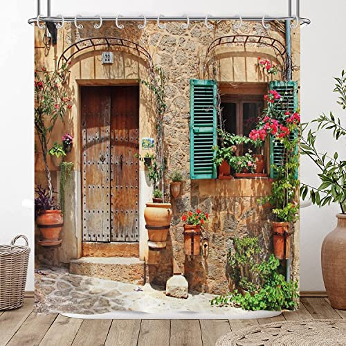 Hnmdmyi 3D Shower Curtain 180x200, Garden Flowers Scenery Street Alley Vintage Look Stone Wall with Door Bathroom Curtains with Hooks Waterproof Polyester Fabric Washable Bath Curtains for Wet Room