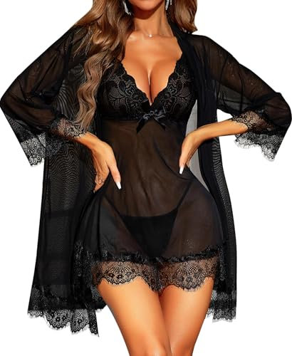 RSLOVE Sexy Lingerie for Women Lace Babydoll with Robe Nightdress Sleepwear Black Large