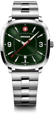 WENGER Herren Armbanduhr Vintage Sport Ø 37 mm, Swiss Made, Analog Quarz, Wasserdicht bis 50 m, Edelstahl-Armband, Grün/Silber, 01.1921.111
