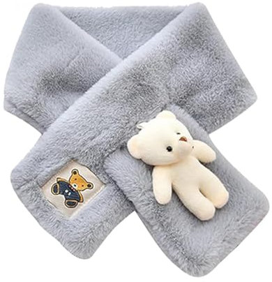 Süßer Bär Plüschschal für Erwachsene und Kinder, Winterschal-Kuscheliger Bären-Plüschschal, Niedlicher Bären-Plüsch-Schal, Pelzkragen Kreuz Plüschschal, Süße warme Winterhalstücher für Kinder (Grau)