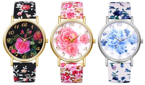 JewelryWe Uhren Damen Leder Blumen: 3pcs Böhmische Blumendruck Analog Quarz Armbanduhr Frauen Mädchen Lässige Uhr mit Rundem arabischen Ziffern Zifferblatt und Bedruckt Leder Armband