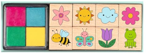moses. Blumengarten Stempelset für Kinder – Blume, Biene, Schmetterling & Co., 8 Verschiedene Stempel aus Holz, Set mit Kinderstempeln und vierfarbigem Stempelkissen, In praktischem Geschenkkarton