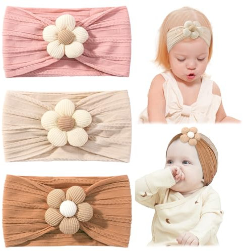 Jollybows 3 Pezzi Fascia Capelli Bambina, Nylon Fasce Capelli Neonata Fiore Fascia Elastica per Capelli Accessori per Capelli per Nascita Bambina Femmina (Beige Rosa Caramello)