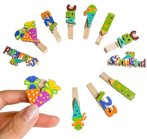12pcs Schulkind 2025 Geschenk, Holzklammern mit Bunte für Fotos Fotowand Tüten Kinder Dekorieren，Schulkind Holz mit Zahlen ABC Stift Zuckertüte Motiv für Schuleinführung