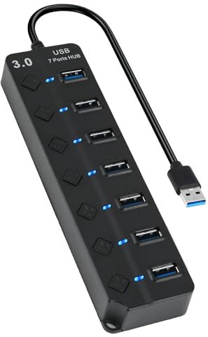 7-Port USB 3.0 Hub with Individual Switches & Lights, Multiple Port USB Adapter Extension High-Speed Data Hub, Portable USB Splitter with 1FT Extended Cable for PC, Laptop, Printer and More