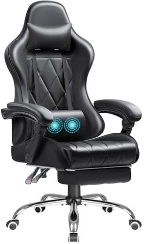 Shahoo Gaming Chair with Footrest and Massage Lumbar Support, Ergonomic Computer Seat Height Adjustable with 360°Swivel and Headrest, Black