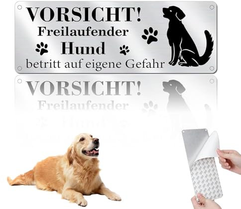 Vorsicht Freilaufender Hund Schild, Warnschild Hund Aluminium Betreten auf Eigene Gefahr Schild 25x9cm Gebürstetes Aluminium mit 4 Vorgebohrten Löchern